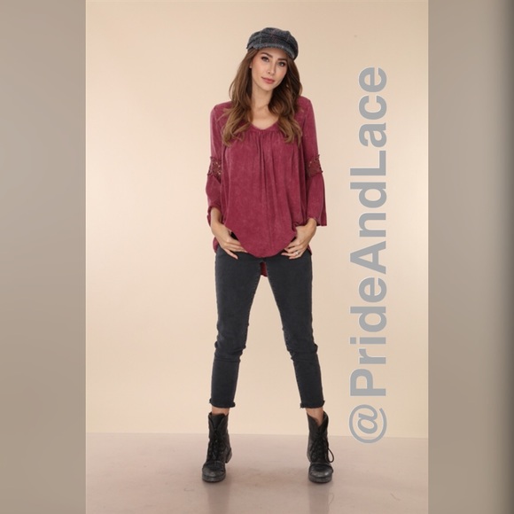 🤍WINE ACID WASH 3/4 TRUMPET SLEEVE BLOUSE - Picture 4 of 4